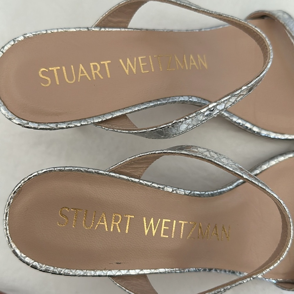Stuart Weitzman Aleena Sandals in Silver Mini Snake Print 2.5” Heel Pumps Size 5 - Picture 14 of 16